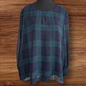 Cleo Blue and Green Plaid Blouse Keyhole Front And Sheer Sleeves With Cufffs Lrg